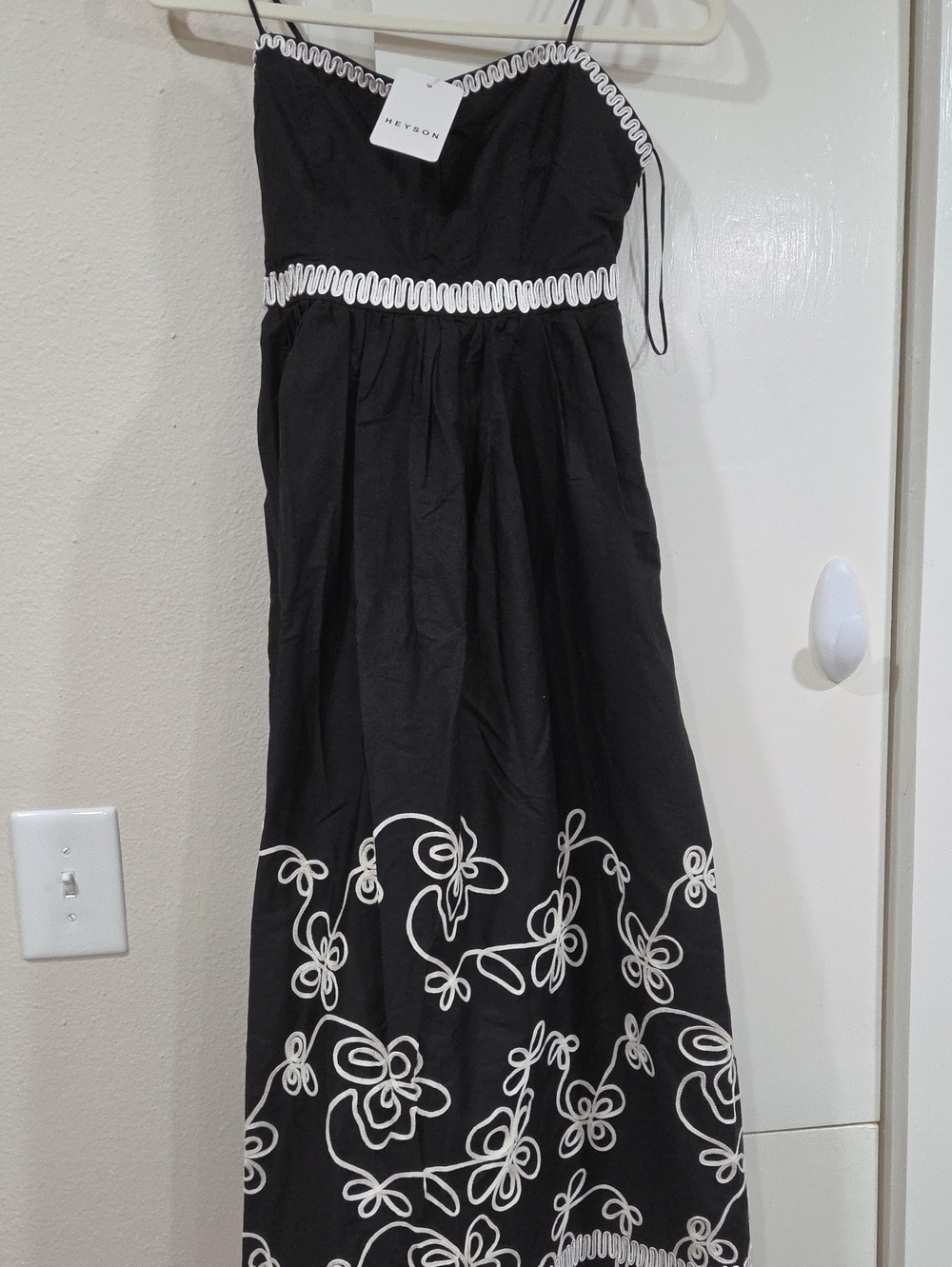 Heyson Black Strapless Maxi Dress with White Embroidered Trim